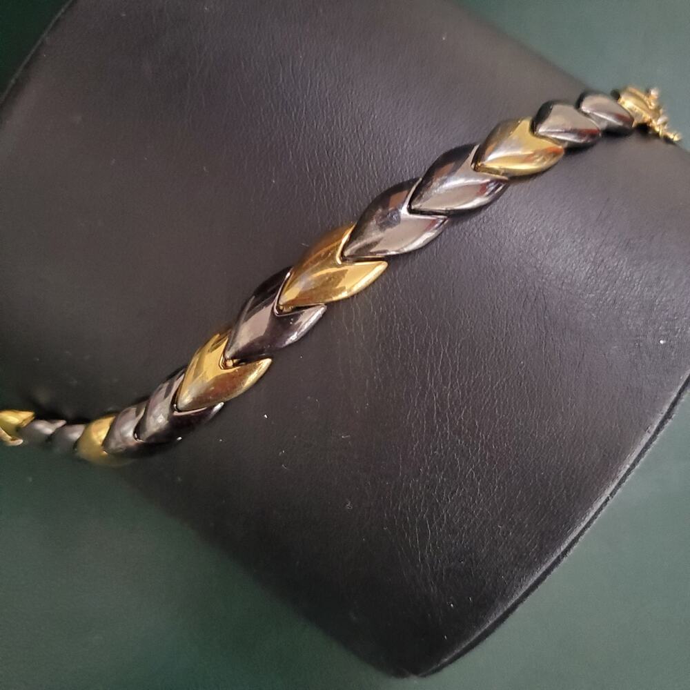 VTG Monet Bracelet Gold Tone and‎ Gun Metal Gray with Safety Chain 60's